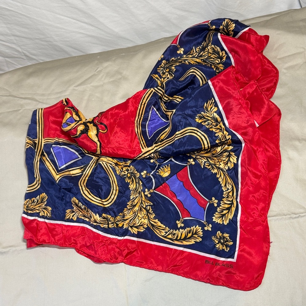 Bill Blass Vintage Red, Gold, Blue Scarf with Coat of Arms and Acanthus Design.